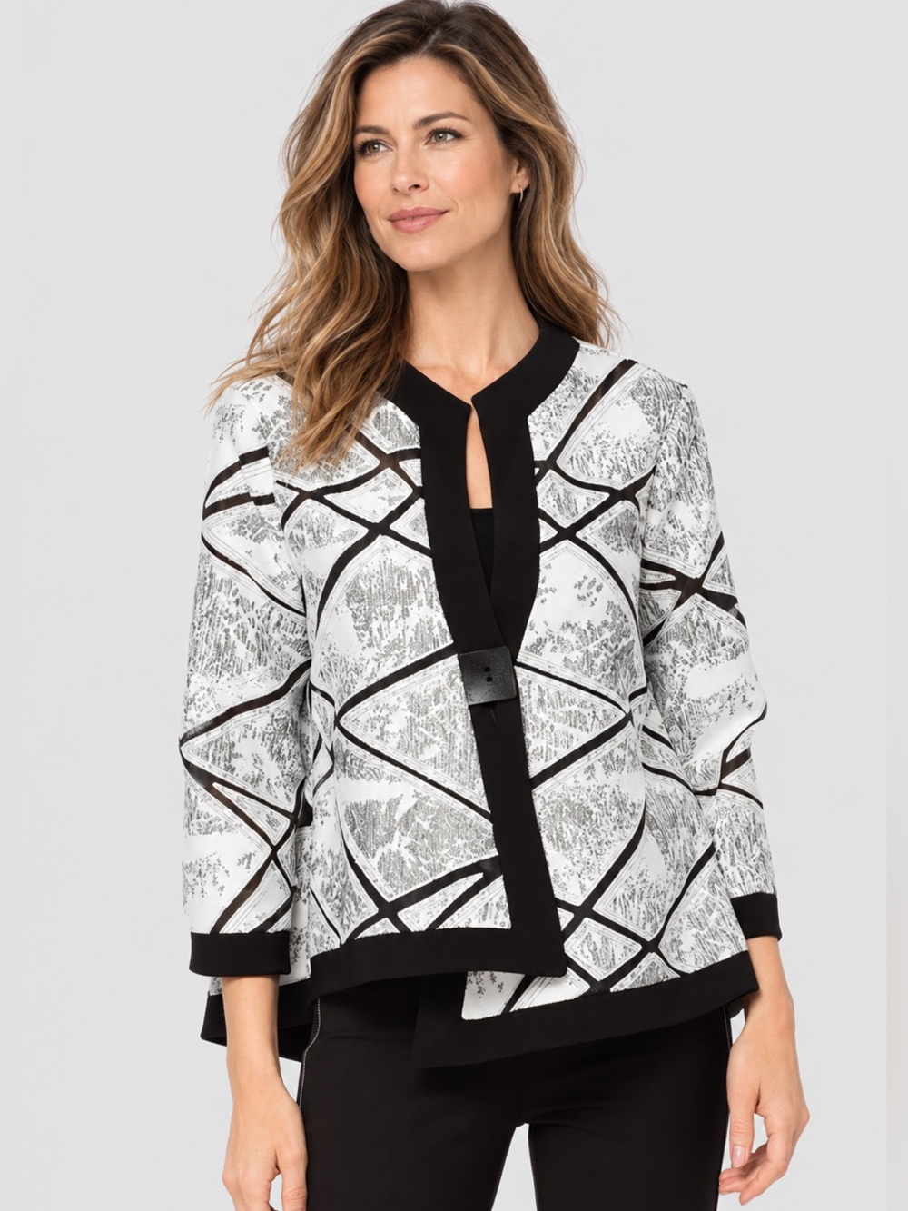 Joseph Ribkoff Black White Asymmetrical Blazer Jacket Size 14
